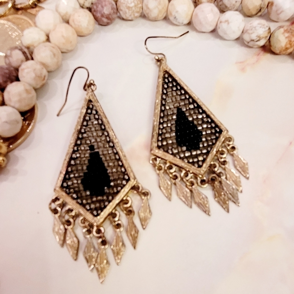 Vintage Beaded Diamond Shaped Dangle Gold Earrings